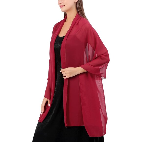 Women Wine Red Elegant Soft Sheer Chiffon Stole Bride Wedding Shawls and Wraps - Picture 7 of 7